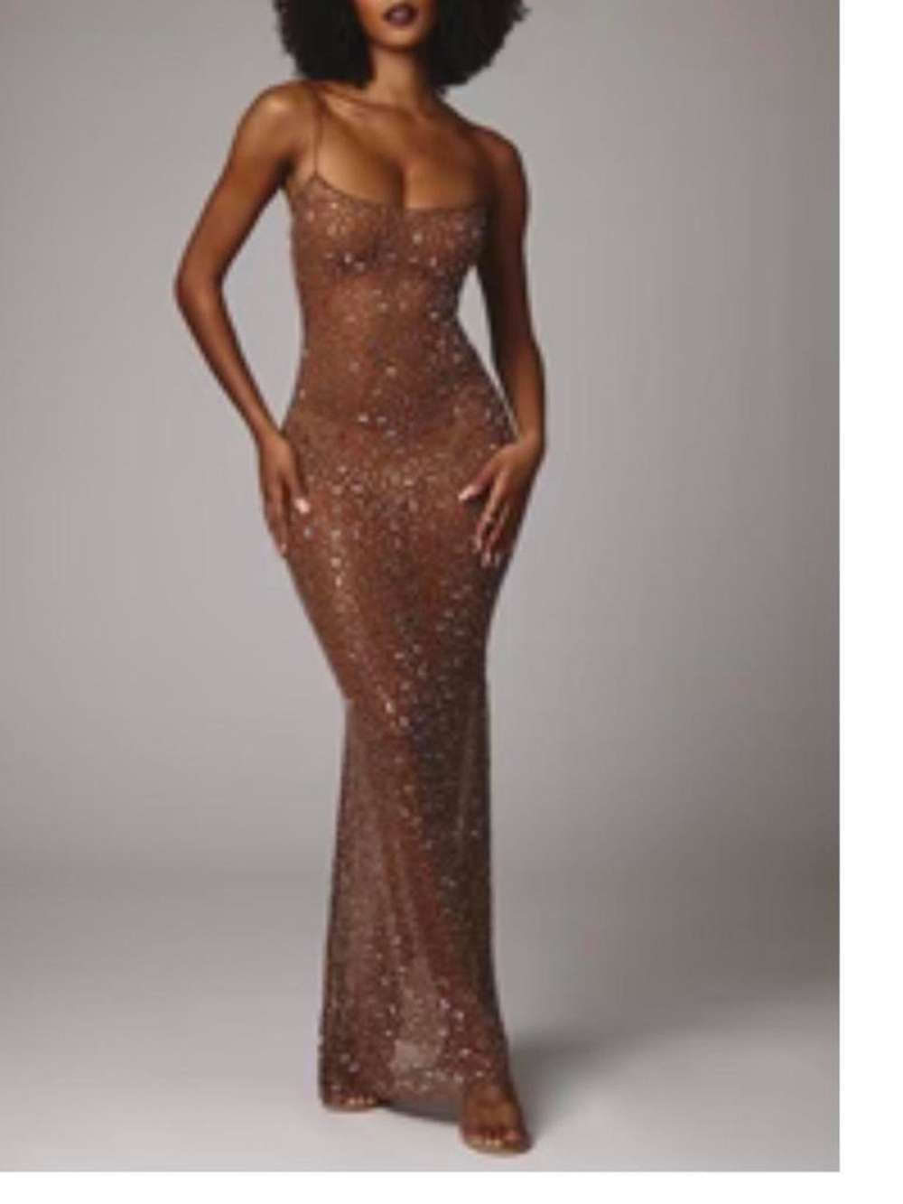 SHEIN Brown Sparkle Sheer Maxi Dress - Women Dresses Maxi